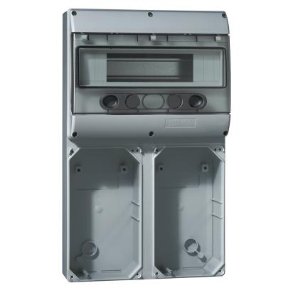 057705 Legrand Wall base for 4 x 16A or 2 x IP4455 compact intrerlocked sockets, IK08, AxL dimensions 441x265mm. Prepared with 121-module DIN35 rail.