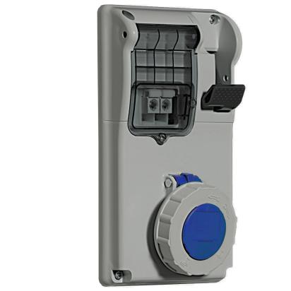 057314 Legrand Compact interlocked socket outlet 2PT 125x220mm, IP55, IK08, In 16A, Vn200250Vac, blue. Prepared with protective fuses. Supplied without cable glands