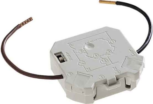 049230 Legrand Built-in timed relay. Temporizes the tripping of the load. Mounts in the recessed box behind the switch. When the switch is closed, the relay trips and when the switch is reopened, timing begins Timing adjustable by 3-position switch A 3 minutes B 6 minutes C 12 minutes