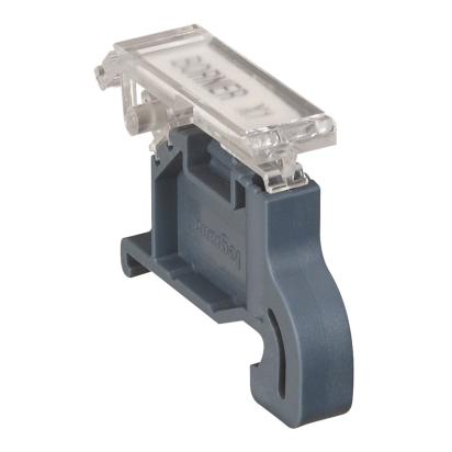 039596 Legrand Variable-tilt transparent label holder. Fastening on guide edge clamping element art. 0375 1011. Supplied with 32 x 9.5 mm labels. Can accommodate labels art. 0395 97