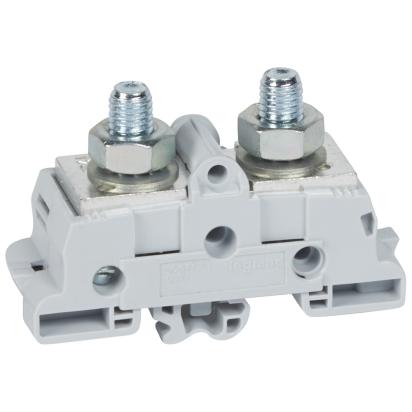 039033 Legrand Power clamp for 10 mm diameter bars or lugs. 34 mm pitch. nominal capacity 120 sq. mm. For asymmetrical rails