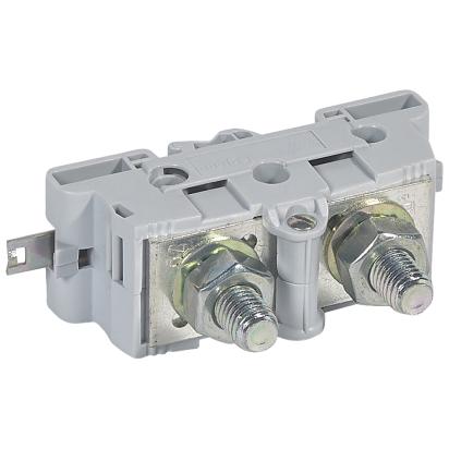039032 Legrand Power clamp for 10 mm diameter bars or lugs. Pitch 34 mm. nominal capacity 70 sq. mm. For asymmetrical rails