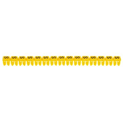 038318 Legrand Polyamide 66. Letter S. Black on yellow background. Marking for Viking 3 terminal blocks, modular terminal blocks and conductors with cross sections from 0.5 to 1.5 sq. mm.