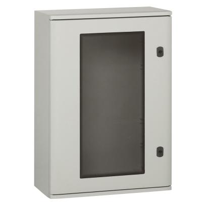 036275 Legrand 610 x 400 x 257 mm polyester cabinet with glass door. IP 66 according to IEC EN 60529 and IK 10 according to IEC EN 62262 EN 50102, Class II1. Glass-fiber reinforced polyester, self-extinguishing at 960 C according to IEC EN 60695211. Suitable for corrosive environments. Reversible door, 180 opening with captive hinges. Double-bar lock. Direct attachment of equipment to the bottom of the cabinet.