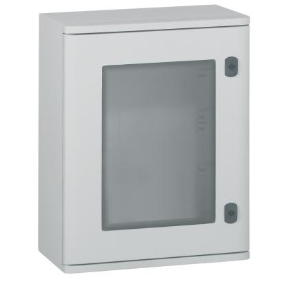 036272 Legrand Polyester frame 500 x 400 x 206 mm with glass door. IP 66 according to IEC EN 60529 and IK 10 according to IEC EN 62262 EN 50102, Class II1. Glass-fiber reinforced polyester, self-extinguishing to 960 C according to IEC EN 60695211. Suitable for corrosive environments. Reversible door, 180 opening with captive hinges. Double-bar lock. Direct attachment of equipment to the bottom of the cabinet.