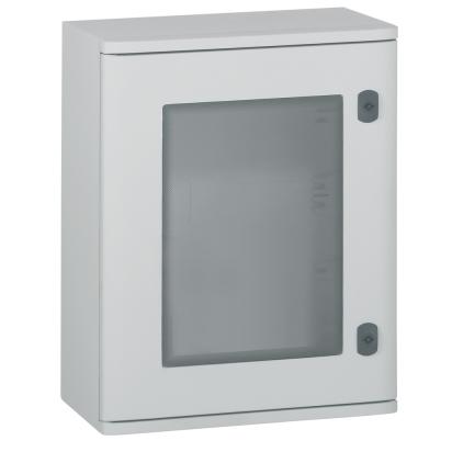 036271 Legrand Polyester frame 400 x 300 x 206 mm with glass door. IP 66 according to IEC EN 60529 and IK 10 according to IEC EN 62262 EN 50102, Class II1. Glass-fiber reinforced polyester, self-extinguishing to 960 C according to IEC EN 60695211. Suitable for corrosive environments. Reversible door, 180 opening with captive hinges. Double-bar lock. Direct attachment of equipment to the bottom of the cabinet.