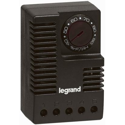 035311 Legrand Hygrostat 230Vac 5060Hz, makes it possible to regulate the relative humidity inside cabinets to prevent condensation by activating a heating element or fan. Contact rating 5A250 Vac, 6A24V, 3A12V. Adjustable from 35 to 100 relative humidity. Mounting on symmetrical DIN rail