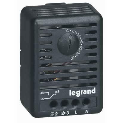 034847 Legrand Dambient thermostat adjustable from 5 to 60C. Snap-on mounting on DIN rail. Accuracy 0.5. Switching and adjustment range 2C Contact rating in opening 10A, in closing 5A