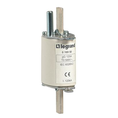 017970 Legrand Knife fuses type gG; ACR (High Breaking Capacity). Size 2. With striker. Rated current: 315 A, Voltage: 500 Vac. Breaking capacity 120 kA