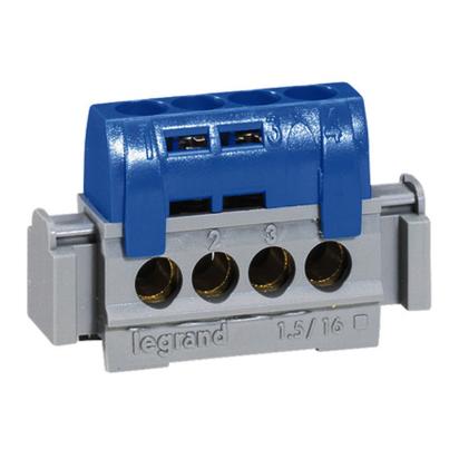 004835 Legrand IP terminal blocks 2x Green Earth Departures 16 x 1.5 to 16 sq. mm. Length 141 mm. Arrivals 1 from 6 sq. mm. 100 A maxi 400 Vac with arrivals 25 sq. mm. 80 A maxi 400 Vac with arrivals 16 sq. mm.