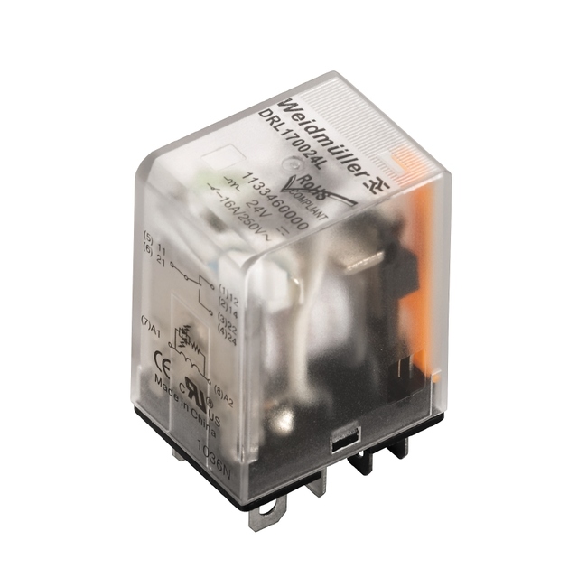 DRL270615L Weidmueller - 1133880000 D-SERIES DRL, Relay, Number of contacts: 2, CO contact AgCdO, Rated control voltage: 115 V AC, Continuous current: 10 A, Flat blade connections (4.8 mm x 0.5 mm), Test button available: No