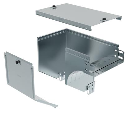 AZ300Z Legrand Right downward 90° bend with plane variation, complete with cover. Height 75 mm. Width 300 mm. Finish Z Sendzimir galvanized steel.