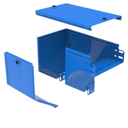 AZ300G Legrand Right downward 90° bend with plane variation, complete with cover. Height 75 mm. Width 300 mm. Finish G Steel enameled blue GammaP.