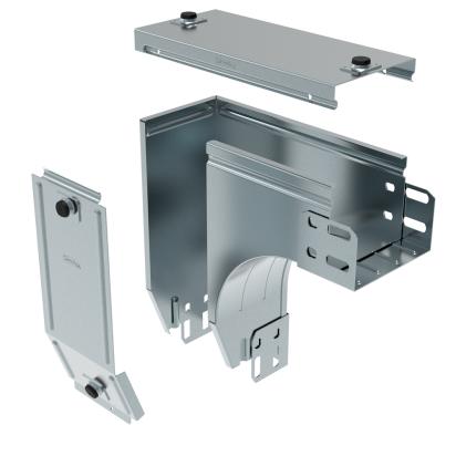 AZ100Z Legrand Right downward 90° bend with plane variation, complete with cover. Height 75 mm. Width 100 mm. Finish Z Sendzimir galvanized steel.