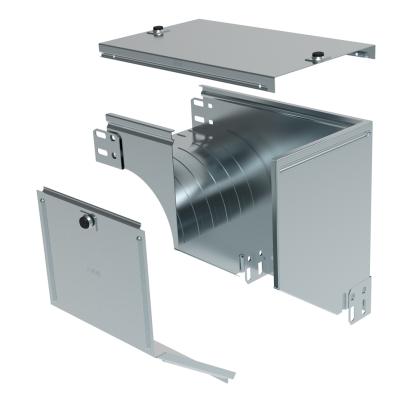 AY200Z Legrand Left downward 90° bend with plane variation, complete with cover. Height 75 mm. Width 200 mm. Finish Z Sendzimir galvanized steel.