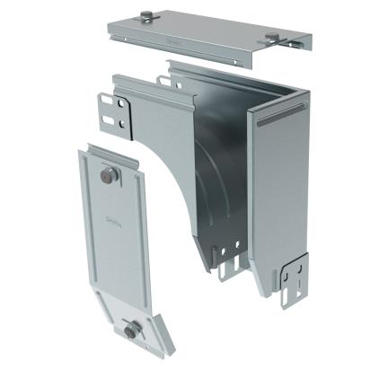 AY150Z Legrand Left downward 90° bend with plane variation, complete with cover. Height 75 mm. Width 150 mm. Finish Z Sendzimir galvanized steel.