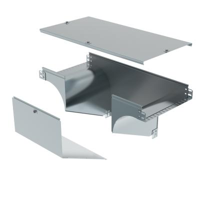 AX400Z Legrand Vertical downward T-shaped drift with plane variation, complete with cover. Height 75 mm. Width 400 mm. Finish Z Sendzimir galvanized steel.