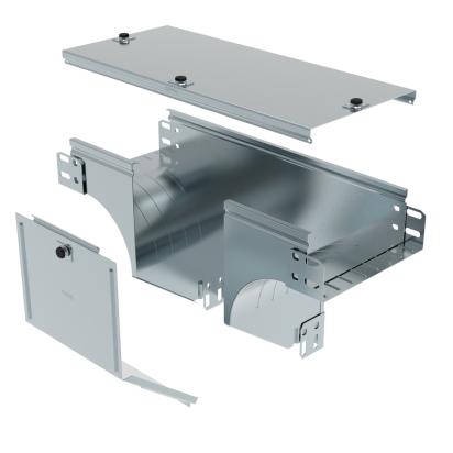 AX300Z Legrand Vertical downward T-shaped drift with plane variation, complete with cover. Height 75 mm. Width 300 mm. Finish Z Sendzimir galvanized steel.