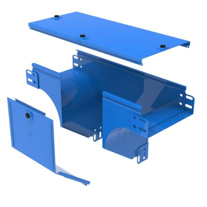 AX200G Legrand Vertical downward T-shaped drift with plane variation, complete with cover. Height 75 mm. Width 200 mm. Finish G Steel enameled blue GammaP.