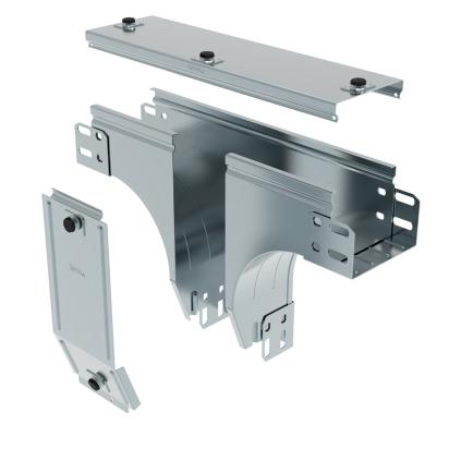 AX075Z Legrand Vertical downward T-shaped drift with plane variation, complete with cover. Height 75 mm. Width 75 mm. Finish Z Sendzimir galvanized steel.