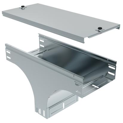 AW300Z Legrand Vertical downward T-shaped drift, complete with cover. Height 75 mm. Width 300 mm. Finish Z Sendzimir galvanized steel.