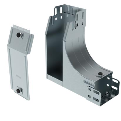 AG100Z Legrand Right upward 90° bend with plane variation, complete with cover. Height 75 mm. Width 100 mm. Finish Z Sendzimir galvanized steel.