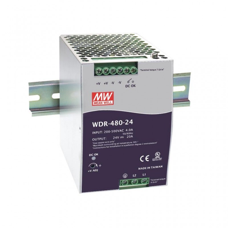 WDR-480-48 Mean Well AC-DC Industrial DIN rail power supply; Output 48Vdc at 10A; metal case; Ultra wide input 180-550Vac for single and two phase mains network