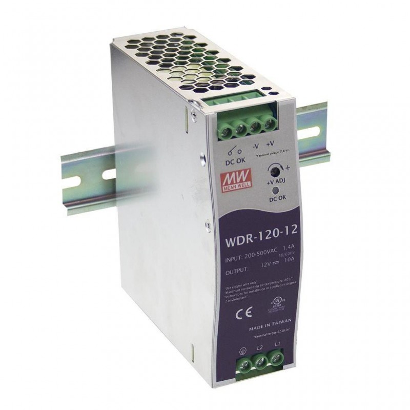 WDR-120-12 Mean Well AC-DC Industrial DIN rail power supply; Output 12Vdc at 10A; metal case; Ultra wide input 180-550Vac for single and two phase mains network