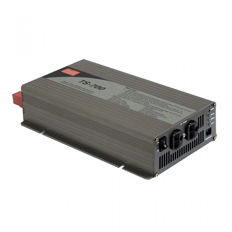 TS-700-224B Mean Well DC-AC True Sine Wave Inverter for stand alone systems; Battery 24Vdc; Output 230Vac; 700W; EU AC Output receptacle; Peak power 200%; Remote ON/OFF