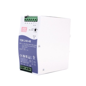 TDR-240-48 Mean Well AC-DC Industrial 3-phase DIN rail power supply with PFC and Constant Current; Output 48VDc at 5A; DC OK.