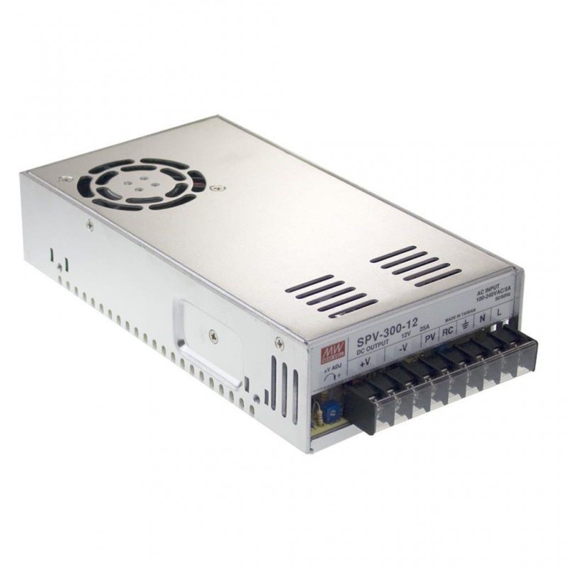 SPV-300-12 Mean Well AC-DC Enclosed power supply; Output 12Vdc at 25A; forced air cooling; Programmable output 20-110%