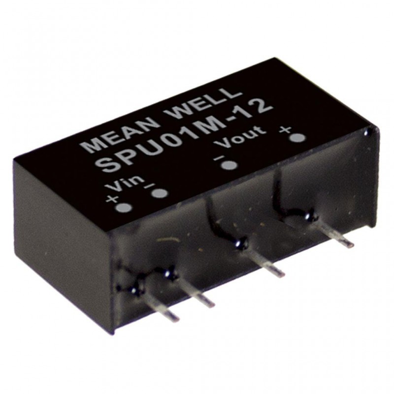 SPU01N-12 Mean Well DC-DC Converter PCB mount; Input 21.6-26.4Vdc; Single Output 12Vdc at 0.084A; SIP Through hole package