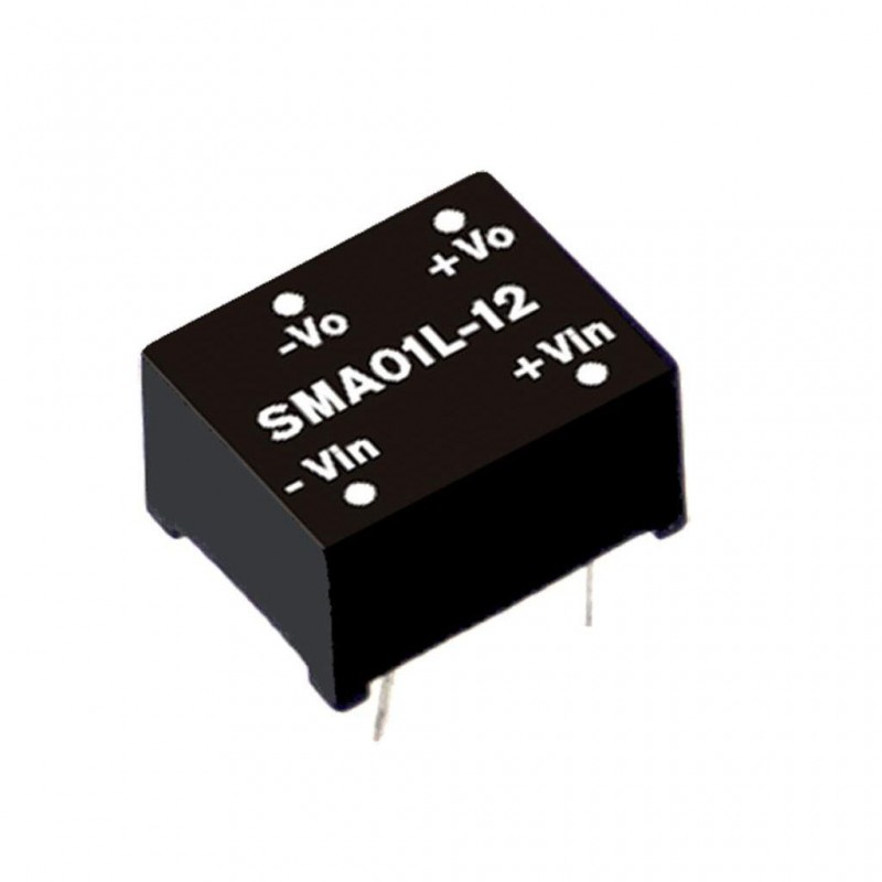 SMA01L-05 Mean Well DC-DC Converter PCB mount; Input 5Vdc +- 10%; Output 5Vdc at 0.2A; SIP Through hole package; Operating temperature -40°C to +85°C