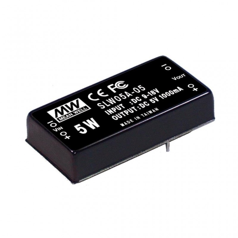 SLW05A-05 Mean Well DC-DC Converter PCB mount; Input 9-18Vdc; Output 5Vdc at 1A; DIP Through hole package; Built-in EMI filter; 2\" x 1\" ultra compact size