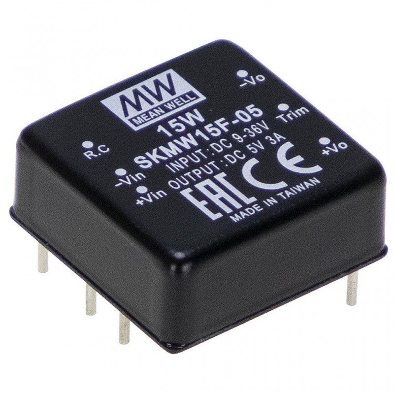 SKMW15G-12 Mean Well DC-DC Converter PCB mount; Ultrawide input 18-75Vdc; Single Output 12Vdc at 1.25A; DIP Through hole package; 1\" x 1\" compact size