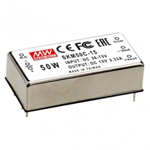 SKM50B-15 Mean Well DC-DC Converter PCB mount; Input 18-36Vdc; Output 15Vdc at 3.33A; DIP Through hole package; Built-in EMI filter; 2\" x 1\" ultra compact size