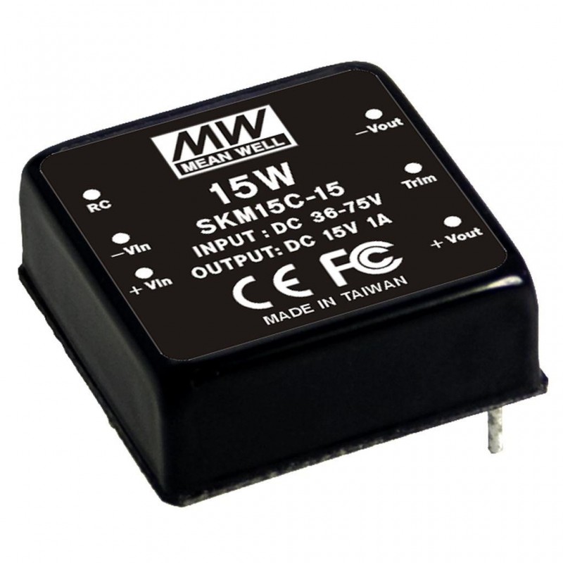 SKM15B-05 Mean Well DC-DC Converter PCB mount; Input 18-36Vdc; Output 5Vdc at 3A; DIP Through hole package; Built-in EMI filter; 1\" x 1\" ultra compact size