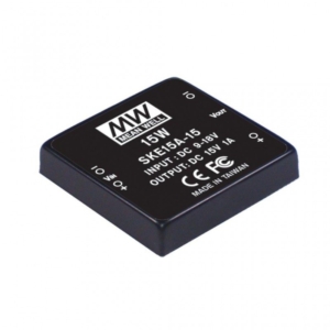 SKE15B-15 Mean Well DC-DC Converter PCB mount; Input 18-36Vdc; Output 15Vdc at 1A; DIP Through hole package; Built-in EMI filter; 2\"x2\" compact size; remote ON/OFF