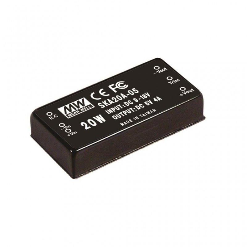 SKA20A-05 Mean Well DC-DC Converter PCB mount; Input 9-18Vdc; Output 5Vdc at 4A; DIP Through hole package; Built-in EMI filter; 2\" x 1\" compact size