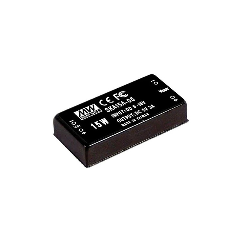SKA15B-05 Mean Well DC-DC Converter PCB mount; Input 18-36Vdc; Output 5Vdc at 3000mA; DIP Through hole package; Built-in EMI filter; 2\"x1\" compact size; remote ON/OFF