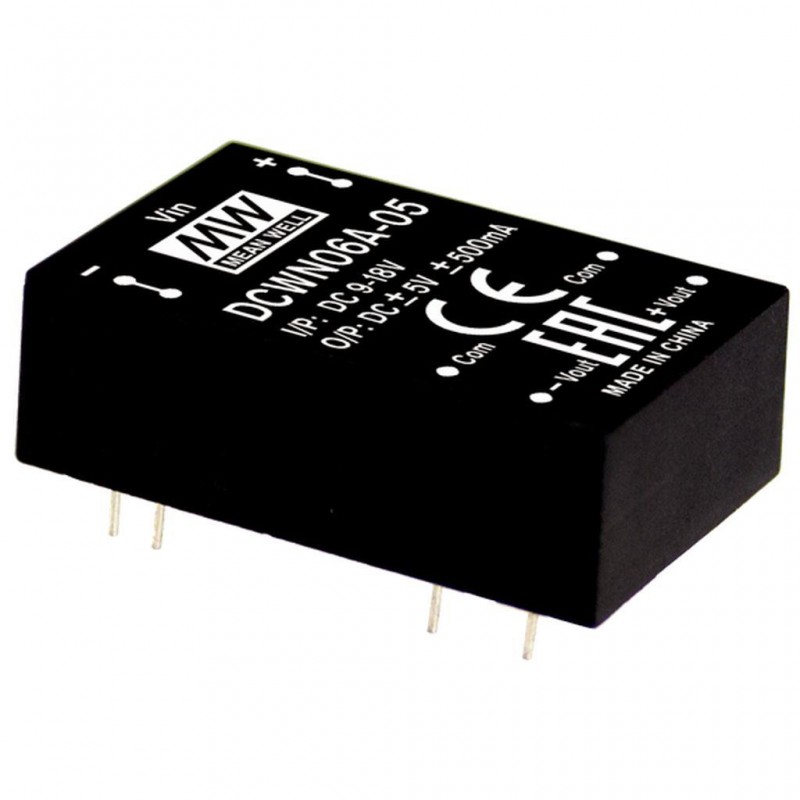 DCWN06B-15 Mean Well DC-DC Regulated Dual Output Converter; Input 18-36Vdc; Output +-15VDC at +-0.2A; 3000VDC I/O isolation; DIP Through hole package