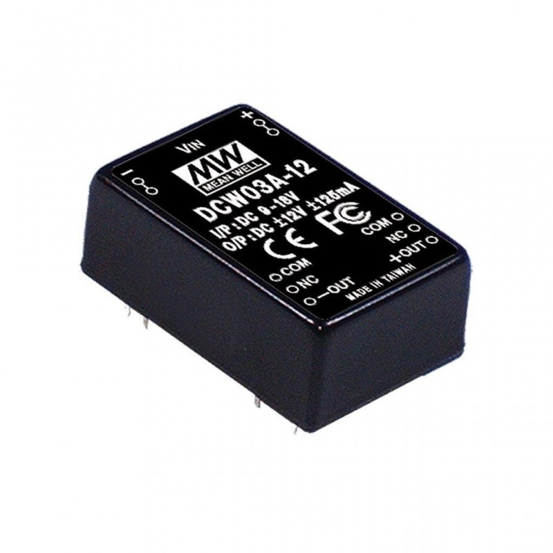 DCW03A-12 Mean Well DC-DC Converter PCB mount; Input 9-18Vdc; Output +/-12Vdc at 0.25A; DCW03A-12 is succeeded by DCWN03A-12.