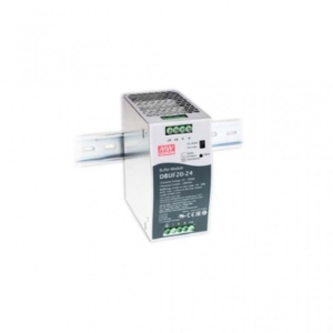 DBUF20-24 Mean Well 20A DIN rail Buffer Module which is used with DIN rail power supplies to provide short-term backup for the load.