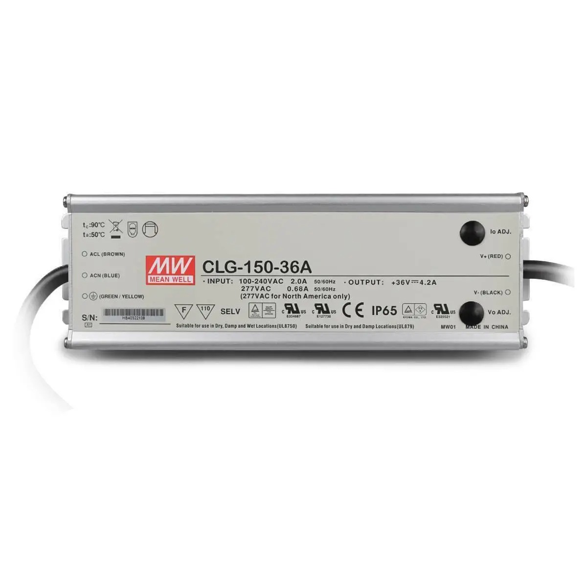 CLG-150-36A Mean Well LED POWER SUPPLY (METAL CASE), AC-DC SINGLE OUTPUT LED DRIVER, CONSTANT CURRENT, (CC) WITH PFC, OUTPUT 36VDC AT 4.2A, IP65, CABLE OUTPUT, DIMMING WITH POTENTIOMETER