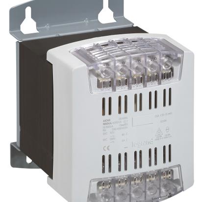 044261 Legrand Control and isolation transformer 40 VA. Primary 230400Vac Secondary 115230Vac. Eddy current filtering.