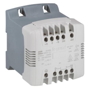 044236 Legrand 400 VA control and safety transformer. Primary 230400Vac Secondary 2448 Vac. Supplied with 2 coupling bars and insulated jumper for 0 VT Earth connection . Eddy current filtering