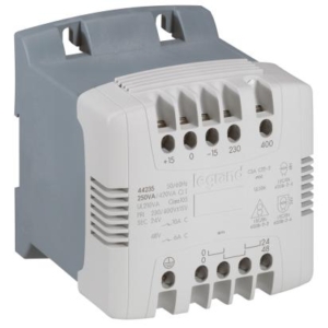 044235 Legrand 250 VA control and safety transformer. Primary 230400Vac Secondary 2448 Vac 48 Vac control only. Supplied with 2 coupling bars. Possibility of direct mounting on symmetrical rail. Supplied with insulated jumper for 0 VT Earth connection . Eddy current filtering