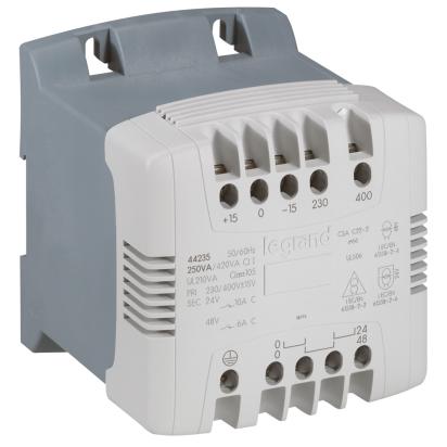 044235 Legrand 250 VA control and safety transformer. Primary 230400Vac Secondary 2448 Vac 48 Vac control only. Supplied with 2 coupling bars. Possibility of direct mounting on symmetrical rail. Supplied with insulated jumper for 0 VT Earth connection . Eddy current filtering