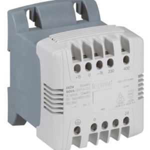 044214 Legrand Control and safety transformer 160 VA. Primary 230Vac Secondary 24 Vac. Supplied with 2 coupling bars. Possibility of direct mounting on symmetrical rail. Supplied with insulated jumper for 0 VT Earth connection. Eddy current filtering.