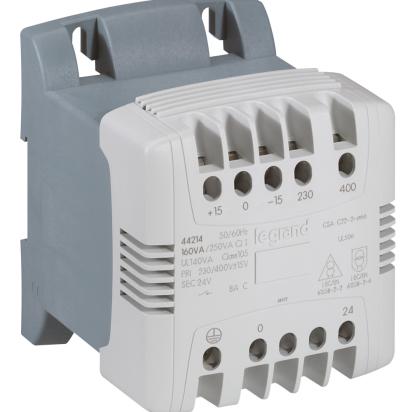 044214 Legrand Control and safety transformer 160 VA. Primary 230Vac Secondary 24 Vac. Supplied with 2 coupling bars. Possibility of direct mounting on symmetrical rail. Supplied with insulated jumper for 0 VT Earth connection. Eddy current filtering.
